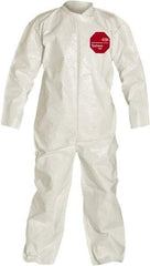 Dupont - Size L Saranex Chemical Resistant Coveralls - White, Zipper Closure, Open Cuffs, Open Ankles, Bound Seams - Exact Industrial Supply