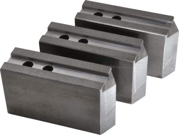 H & R Manufacturing - 1.5mm x 60° Serrated Attachment, Square Soft Lathe Chuck Jaw - 3 Jaws, Steel, 1.181" Btw Mount Hole Ctrs, 6-1/4" Long x 2" Wide x 3-1/2" High, 0.71" Groove, 14mm Fastener - Exact Industrial Supply