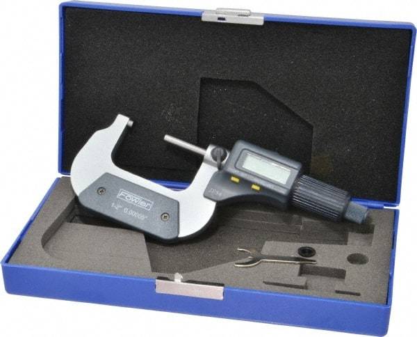 Fowler - 1 to 2 Inch Range, 0.0001 Inch Resolution, Standard Throat, IP54 Electronic Outside Micrometer - 0.0001 Inch Accuracy, Friction Thimble, 357 Battery, Data Output, Includes Case and Wrench - Exact Industrial Supply