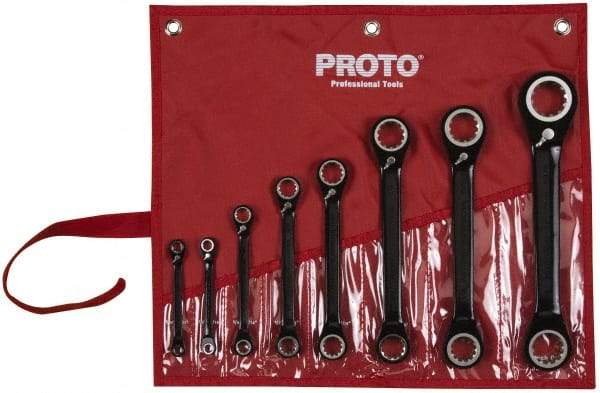 Proto - 8 Piece, 7/32" x 9/32" to 1" x 1-1/8", 12 Point Ratcheting Box Wrench Set - Inch Measurement Standard, Black/Chrome Finish, Comes in Pouch - Exact Industrial Supply