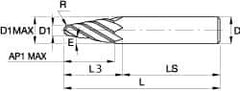 Kennametal - 6° Taper Angle per Side, 0.394" Small End Diam, 52.3mm LOC, Solid Carbide 4 Flute Tapered Ball End Mill - TiAlN/TiN/TiAlN Finish, 125mm OAL, 20mm Shank Diam, Spiral Flute, 30° Helix - Exact Industrial Supply