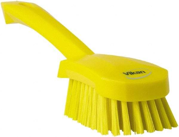 Vikan - 1.3" Bristle Length, Polyester Scrub Brush - 4-1/4" Long x 2-3/4" Wide Head, 10" OAL, Yellow, Polypropylene Block - Exact Industrial Supply