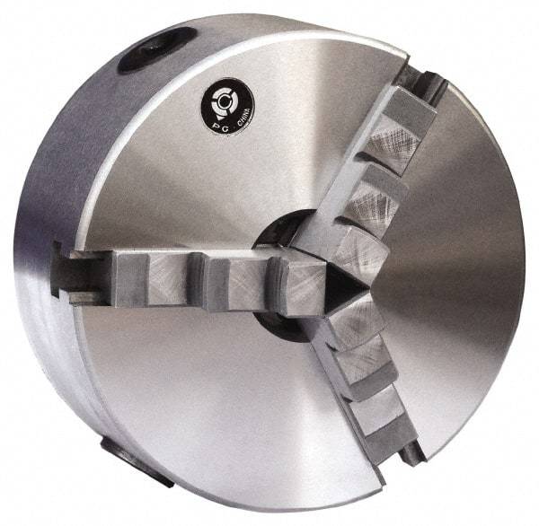 Gibraltar - 3 Jaws, 10" Diam, Self Centering Manual Lathe Chuck - Plain Back Mount Spindle, Reversible, 1,600 Max RPM, 3.1496" Through Hole Diam, 0.0016" Axial Runout, 0.0016" Radial Runout, Cast Iron - Exact Industrial Supply