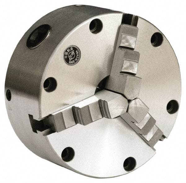 Gibraltar - 3 Jaws, 5" Diam, Self Centering Manual Lathe Chuck - Front Mount, Reversible, 3,000 Max RPM, 1.1811" Through Hole Diam, Cast Iron - Exact Industrial Supply