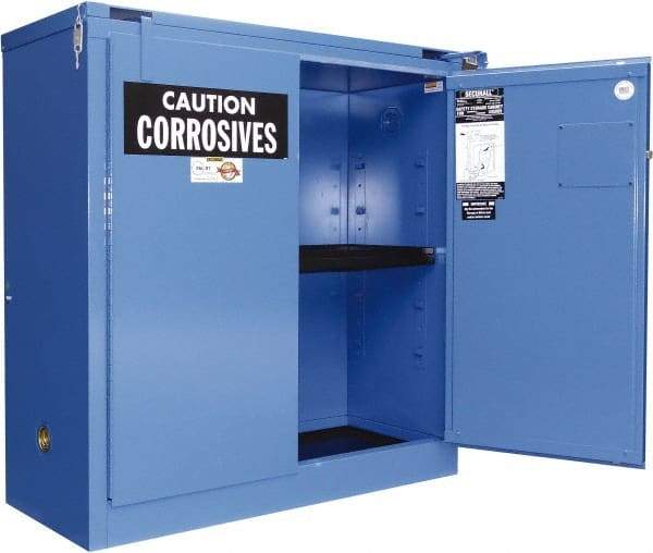 Securall Cabinets - 2 Door, 1 Shelf, Blue Steel Standard Safety Cabinet for Corrosive Chemicals - 46" High x 43" Wide x 18" Deep, Self Closing Door, 3 Point Key Lock, 30 Gal Capacity - Exact Industrial Supply