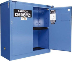 Securall Cabinets - 2 Door, 2 Shelf, Blue Steel Standard Safety Cabinet for Corrosive Chemicals - 67" High x 43" Wide x 18" Deep, Self Closing Door, 3 Point Key Lock, 45 Gal Capacity - Exact Industrial Supply