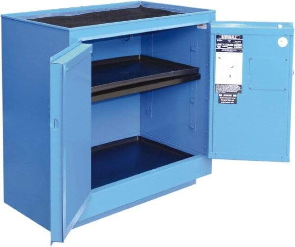 Securall Cabinets - 2 Door, 1 Shelf, Blue Steel Standard Safety Cabinet for Corrosive Chemicals - 36" High x 35" Wide x 22" Deep, Manual Closing Door, 3 Point Key Lock, 24 Gal Capacity - Exact Industrial Supply