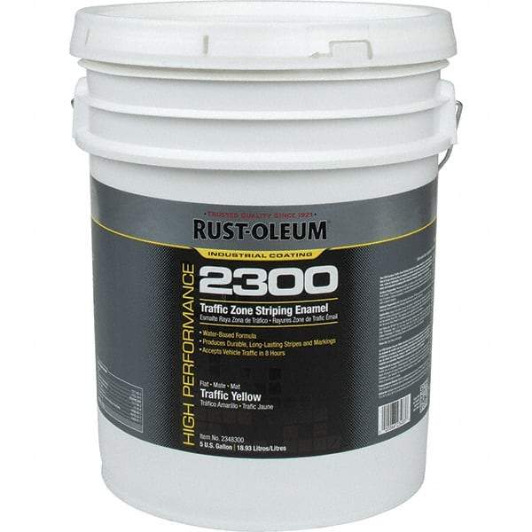 Rust-Oleum - 5 Gal Traffic Yellow Flat Finish Striping Paint - 410 to 540 Sq Ft per Gal, Interior/Exterior - Exact Industrial Supply