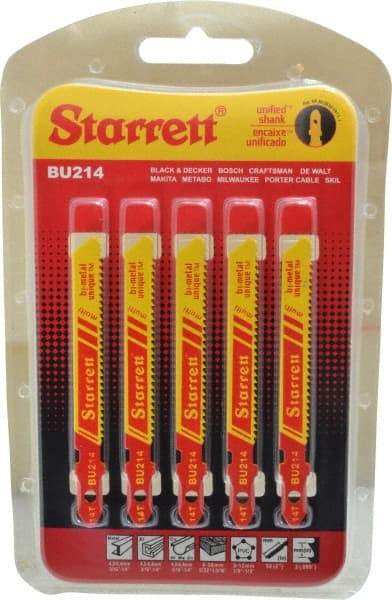 Starrett - 3" Long, 14 Teeth per Inch, Bi-Metal Jig Saw Blade - Toothed Edge, 5/16" Wide x 0.04" Thick, U-Shank, Wavy Tooth Set - Exact Industrial Supply