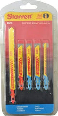 Starrett - 5 Piece, 3" to 5" Long, 10-14 to 32 Teeth per Inch, Bi-Metal Jig Saw Blade Set - Toothed Edge, 3/16" to 3/8" Wide, 0.04" to 0.04" Thick, U-Shank - Exact Industrial Supply