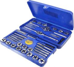 Irwin - #4-40 to 1/2-20 Tap, #4-40 to 1/2-20 Die, NPT, UNC, UNF, Tap and Die Set - Bright Finish Carbon Steel, Carbon Steel Taps, Adjustable, 39 Piece Set with Plastic Case - Exact Industrial Supply
