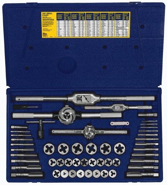 Irwin - M3x0.50 to M18x2.50 Tap, M3x0.50 to M18x2.50 Die, BSP, Metric Coarse, Metric Fine, Tap and Die Set - Bright Finish Carbon Steel, Carbon Steel Taps, Nonadjustable 1" Hex Size, 53 Piece Set with Plastic Case - Exact Industrial Supply