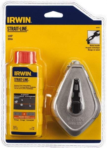 Irwin - 100' Long Reel & Chalk Set - Orange, Includes (1) 4 oz High Visibility Orange Chalk (1:1) & (1) Aluminum Reel - Exact Industrial Supply