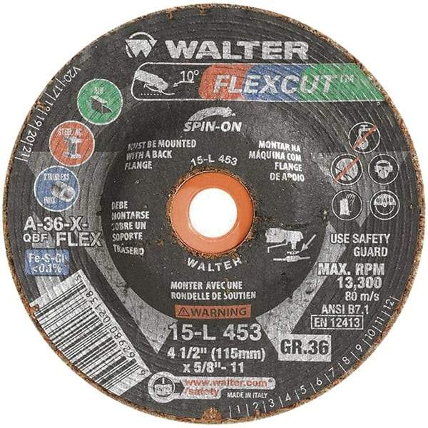 WALTER Surface Technologies - 4-1/2" Diam x 5/8" Hole, 36 Grit Surface Grinding Wheel - Aluminum Oxide, Very Coarse Grade, 13,300 Max RPM - Exact Industrial Supply