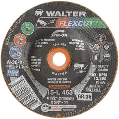 WALTER Surface Technologies - 4-1/2" Diam x 5/8" Hole, 36 Grit Surface Grinding Wheel - Aluminum Oxide, Very Coarse Grade, 13,300 Max RPM - Exact Industrial Supply