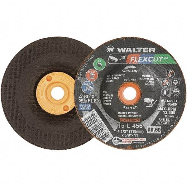 WALTER Surface Technologies - 4-1/2" Diam x 5/8" Hole, 60 Grit Surface Grinding Wheel - Aluminum Oxide, Medium Grade, 13,300 Max RPM - Exact Industrial Supply