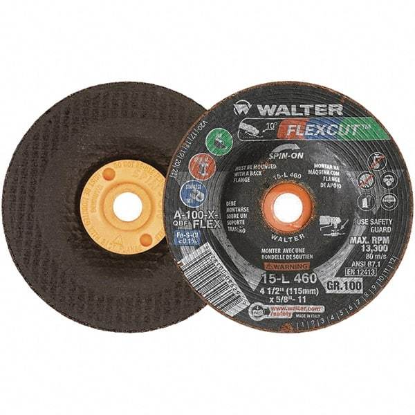 WALTER Surface Technologies - 4-1/2" Diam x 5/8" Hole, 100 Grit Surface Grinding Wheel - Aluminum Oxide, Fine Grade, 13,300 Max RPM - Exact Industrial Supply