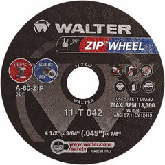 WALTER Surface Technologies - 4-1/2" 60 Grit Aluminum Oxide Cutoff Wheel - 3/64" Thick, 7/8" Arbor, 13,300 Max RPM, Use with Angle Grinders - Exact Industrial Supply