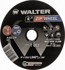 WALTER Surface Technologies - 6" 60 Grit Aluminum Oxide Cutoff Wheel - 3/64" Thick, 7/8" Arbor, 10,200 Max RPM, Use with Angle Grinders - Exact Industrial Supply