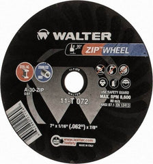 WALTER Surface Technologies - 7" 30 Grit Aluminum Oxide Cutoff Wheel - 1/16" Thick, 7/8" Arbor, 8,600 Max RPM, Use with Angle Grinders - Exact Industrial Supply