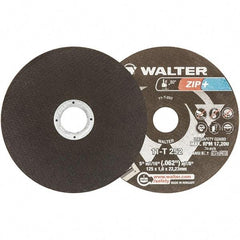WALTER Surface Technologies - 5" 46 Grit Aluminum Oxide Cutoff Wheel - 1/16" Thick, 7/8" Arbor, 12,200 Max RPM, Use with Angle Grinders - Exact Industrial Supply