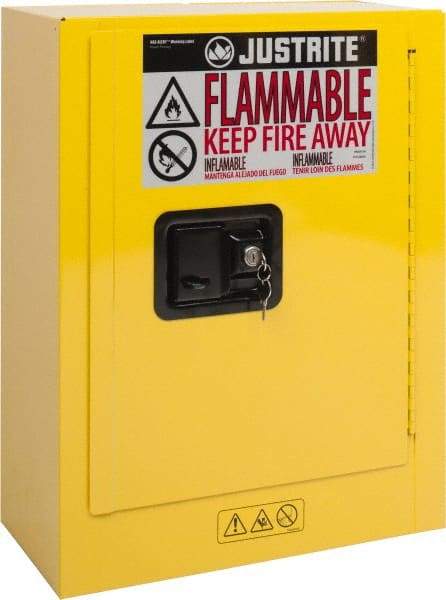 Justrite - 1 Door, 1 Shelf, Yellow Steel Space Saver Safety Cabinet for Flammable and Combustible Liquids - 22" High x 17" Wide x 8" Deep, Manual Closing Door, 2 Gal Capacity - Exact Industrial Supply