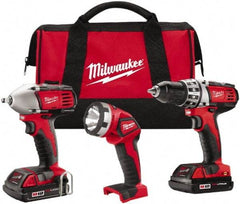 Milwaukee Tool - 18 Volt Cordless Tool Combination Kit - Includes 1/2" Compact Drill/Driver & 3/8" Compact Impact Wrench, Lithium-Ion Battery Included - Exact Industrial Supply