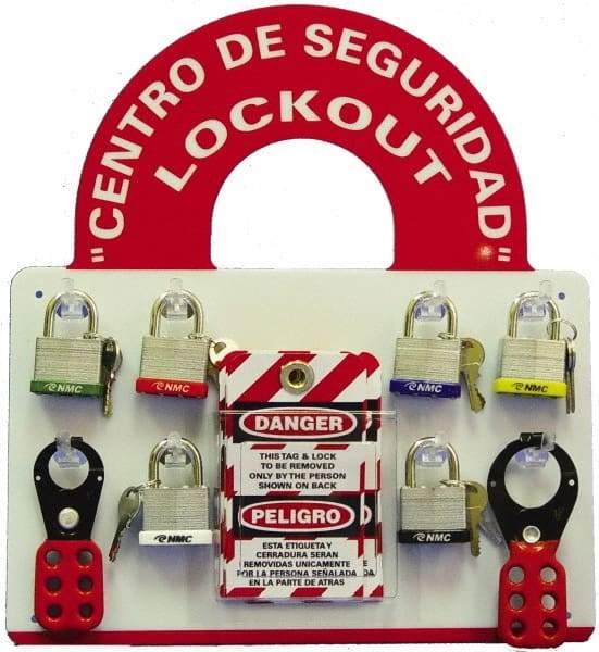 NMC - Equipped Plexiglass Tag and Padlock / Hasp Station - 14 Inch Wide x 15-1/2 Inch High, Red and White - Exact Industrial Supply