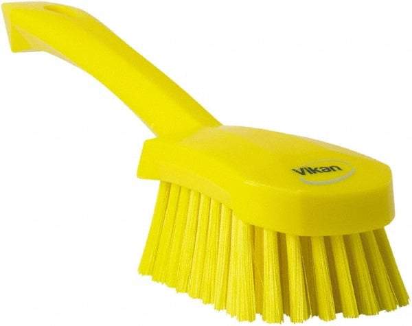 Vikan - 1.3" Bristle Length, Polyester Scrub Brush - 4-1/4" Long x 2-3/4" Wide Head, 10" OAL, Yellow, Polypropylene Block - Exact Industrial Supply