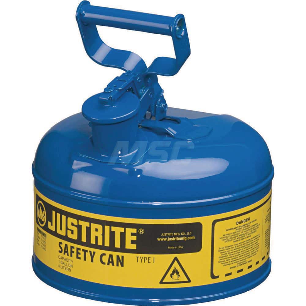 Justrite - Safety Dispensing Cans; Capacity: 1 Gal. ; Material: Steel ; Color: Blue ; Height (Decimal Inch): 11.000000 ; Diameter/Length (mm): 9.50 ; Approval Listing/Regulations: FM Approved; UL; ULC; TUV - Exact Industrial Supply