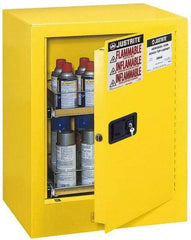 Justrite - 1 Door, 2 Shelf, Yellow Steel Bench Top Safety Cabinet for Flammable and Combustible Liquids - 27" High x 21" Wide x 18" Deep, Manual Closing Door, 4 Gal Capacity - Exact Industrial Supply
