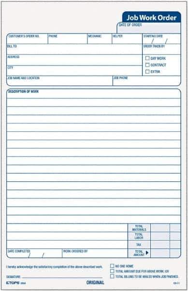 TOPS - 50 Sheet, 5-1/2 x 8-1/2", Work Order Pad - White - Exact Industrial Supply