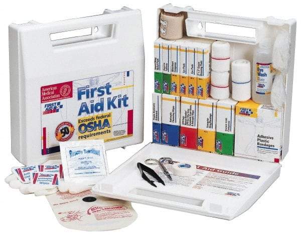 First Aid Only - 62 Piece, 10 Person, Full First Aid Kit - 9" Wide x 2-1/2" Deep x 8-3/8" High, Plastic Case - Exact Industrial Supply