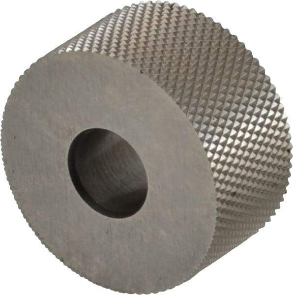 Made in USA - 3/4" Diam, 90° Tooth Angle, 33 TPI, Standard (Shape), Form Type High Speed Steel Male Diamond Knurl Wheel - 3/8" Face Width, 1/4" Hole, Circular Pitch, Series KP - Exact Industrial Supply
