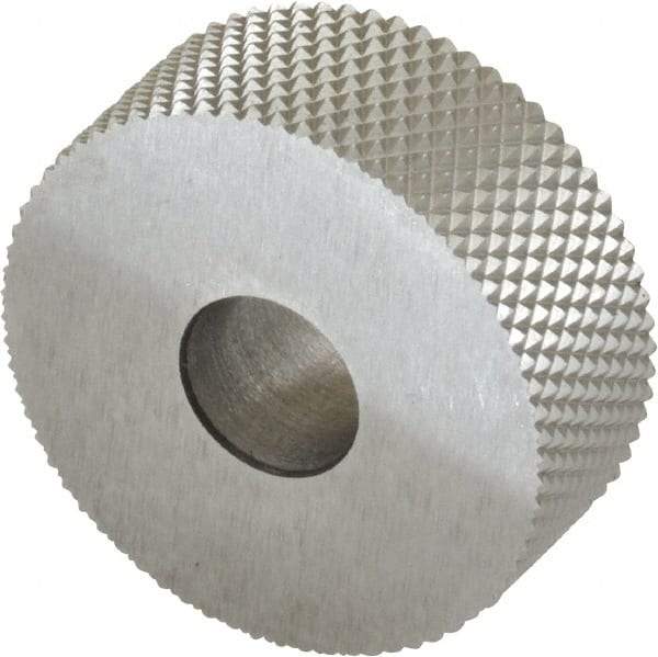 Made in USA - 1" Diam, 90° Tooth Angle, 25 TPI, Standard (Shape), Form Type High Speed Steel Male Diamond Knurl Wheel - 3/8" Face Width, 5/16" Hole, Circular Pitch, 30° Helix, Bright Finish, Series OU - Exact Industrial Supply