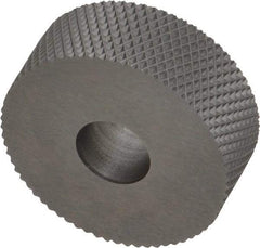 Made in USA - 1" Diam, 90° Tooth Angle, 25 TPI, Standard (Shape), Form Type High Speed Steel Female Diamond Knurl Wheel - 3/8" Face Width, 5/16" Hole, Circular Pitch, 30° Helix, Bright Finish, Series OU - Exact Industrial Supply