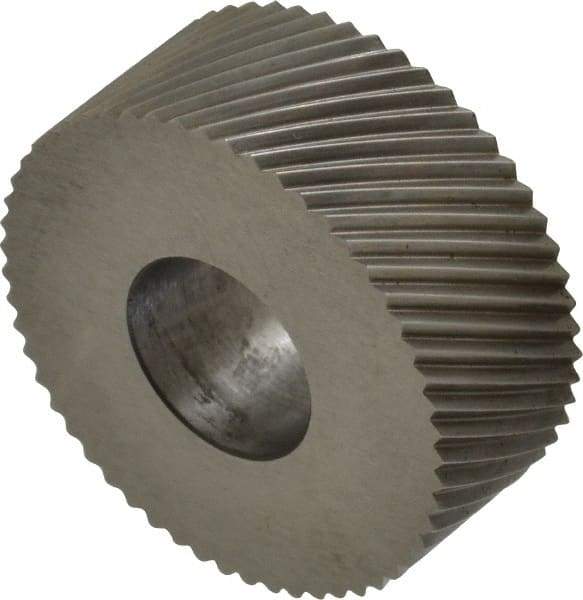 Made in USA - 1-1/4" Diam, 90° Tooth Angle, 14 TPI, Standard (Shape), Form Type High Speed Steel Right-Hand Diagonal Knurl Wheel - 1/2" Face Width, 1/2" Hole, Circular Pitch, 30° Helix, Bright Finish, Series PH - Exact Industrial Supply