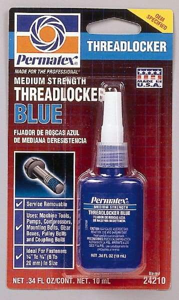 Permatex - 10 mL Bottle, Blue, Medium Strength Liquid Threadlocker - Series 242, 24 hr Full Cure Time, Hand Tool Removal - Exact Industrial Supply