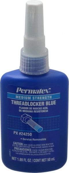 Permatex - 50 mL Bottle, Blue, Medium Strength Liquid Threadlocker - Series 242, 24 hr Full Cure Time, Hand Tool Removal - Exact Industrial Supply