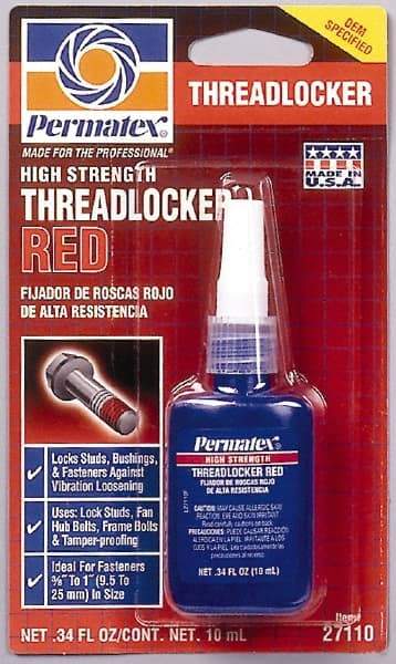 Permatex - 10 mL Bottle, Red, High Strength Liquid Threadlocker - Series 271, 24 hr Full Cure Time, Hand Tool, Heat Removal - Exact Industrial Supply