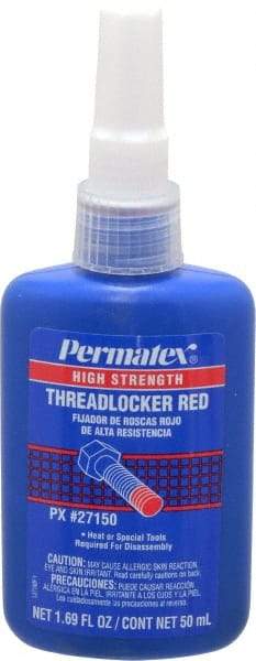 Permatex - 50 mL Bottle, Red, High Strength Liquid Threadlocker - Series 271, 24 hr Full Cure Time, Hand Tool, Heat Removal - Exact Industrial Supply