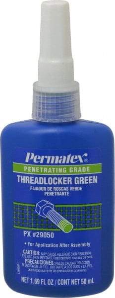 Permatex - 50 mL Bottle, Green, Liquid Medium Strength Threadlocker - Series 290, 24 hr Full Cure Time, Hand Tool, Heat Removal - Exact Industrial Supply