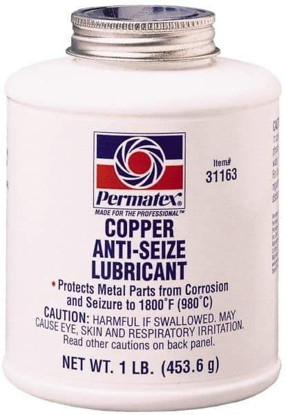 Permatex - 16 oz Bottle High Temperature Anti-Seize Lubricant - Copper, -30 to 1,800°F, Copper Colored, Water Resistant - Exact Industrial Supply
