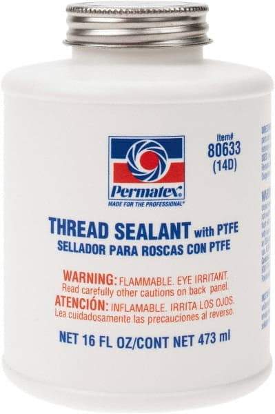 Permatex - 16 oz Brush Top Can White Thread Sealant - PTFE Based, 300°F Max Working Temp, For Use with Fittings - Exact Industrial Supply