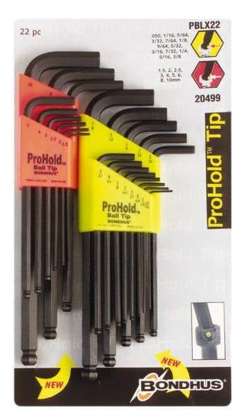 Bondhus - 22 Piece L-Key Handle Combo Hex Key Set - Hex Range 1/2 to 3/8" - Exact Industrial Supply