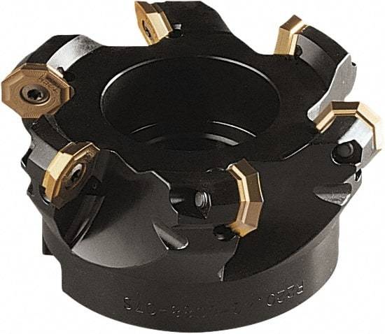 Seco - 75mm Cut Diam, 22mm Arbor Hole, 5mm Max Depth of Cut, 43° Indexable Chamfer & Angle Face Mill - 4 Inserts, OF.. 0704 Insert, Right Hand Cut, 4 Flutes, Through Coolant, Series OctoMill - Exact Industrial Supply