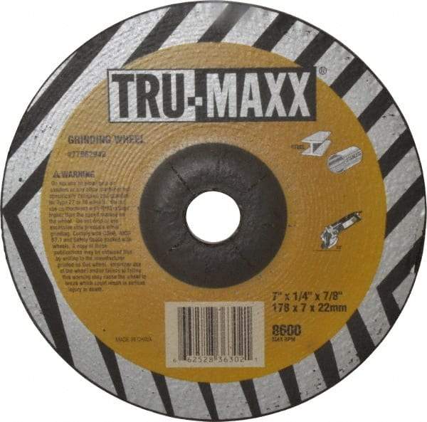 Tru-Maxx - 24 Grit, 7" Wheel Diam, 1/4" Wheel Thickness, 7/8" Arbor Hole, Type 27 Depressed Center Wheel - Aluminum Oxide, 8,600 Max RPM, Compatible with Angle Grinder - Exact Industrial Supply