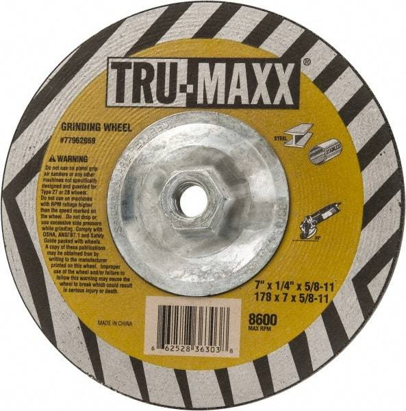 Tru-Maxx - 7" Wheel Diam, 1/4" Wheel Thickness, Type 27 Depressed Center Wheel - Aluminum Oxide, 8,600 Max RPM, Compatible with Angle Grinder - Exact Industrial Supply