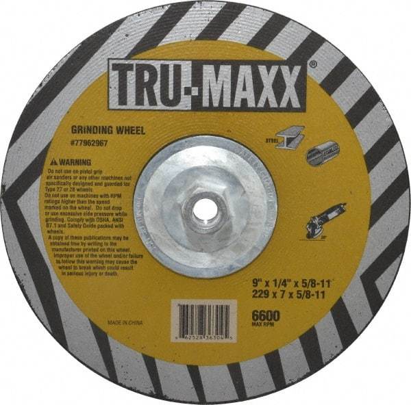 Tru-Maxx - 9" Wheel Diam, 1/4" Wheel Thickness, Type 27 Depressed Center Wheel - Aluminum Oxide, 6,600 Max RPM, Compatible with Angle Grinder - Exact Industrial Supply