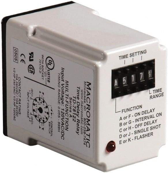 Macromatic - 11 Pin, 999 hr Delay, Multiple Range DPDT Time Delay Relay - 10 Contact Amp, 240 VAC, Pushbutton Thumbwheel - Exact Industrial Supply